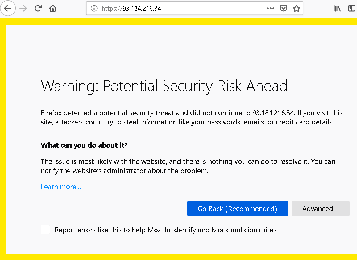 Certificate warning page in Firefox