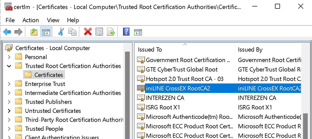 Screenshot of the Windows “Trusted Root Certification Authorities” list. Among names like GTE CyberTrust or Microsoft, also iniLINE and Interezen are listed.