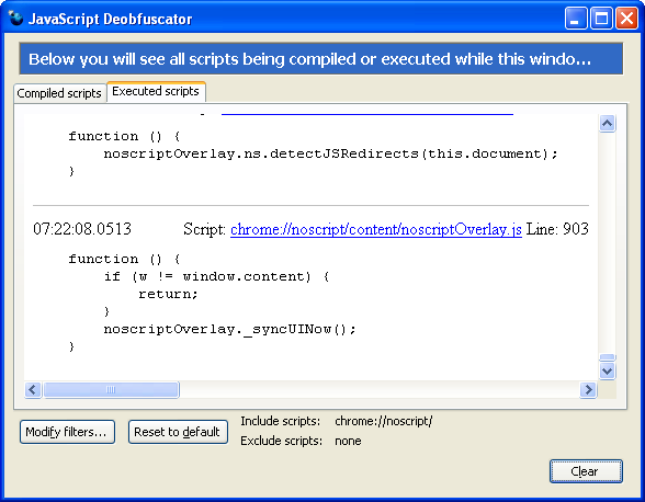 JavaScript Deobfuscator analyzing NoScript