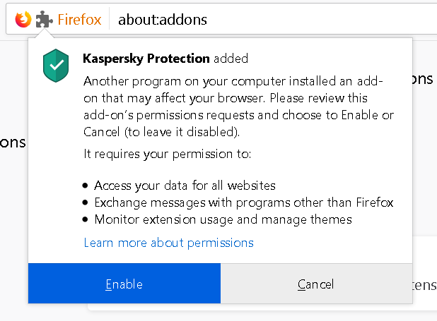 Firefox asking the user to enable Kaspersky extension