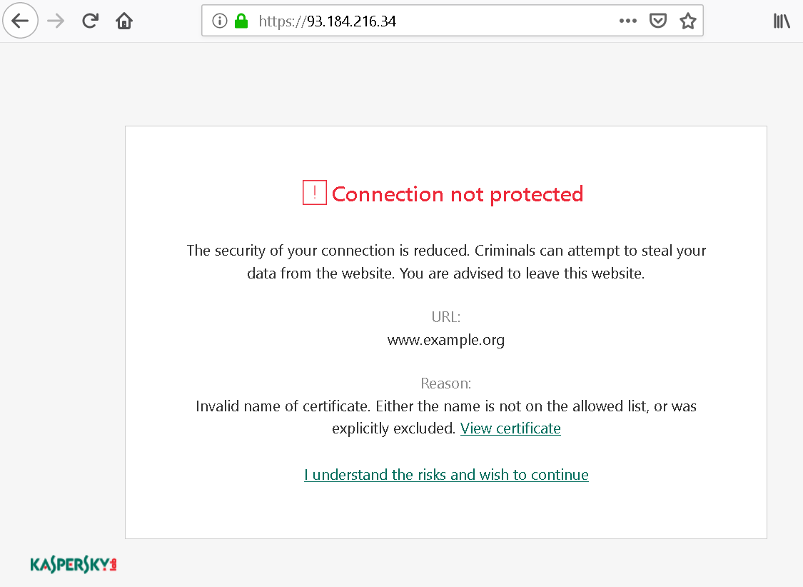 Certificate warning page when Kaspersky is installed