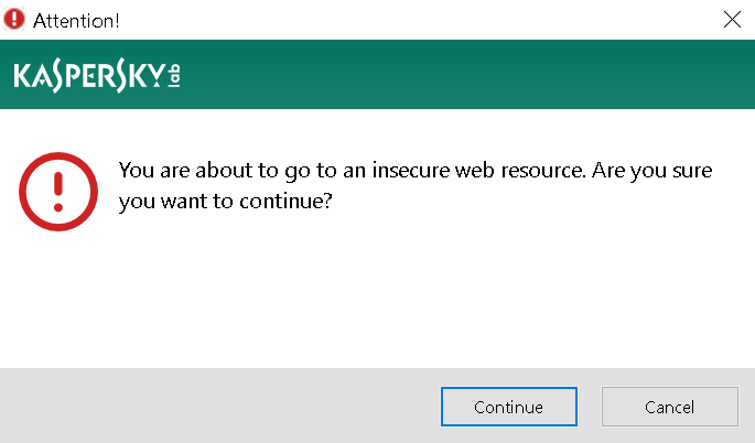 Warning displayed by Kaspersky when overriding a certificate