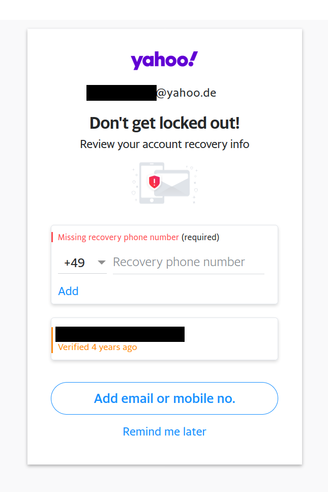 Yahoo! asking for a recovery phone number on login
