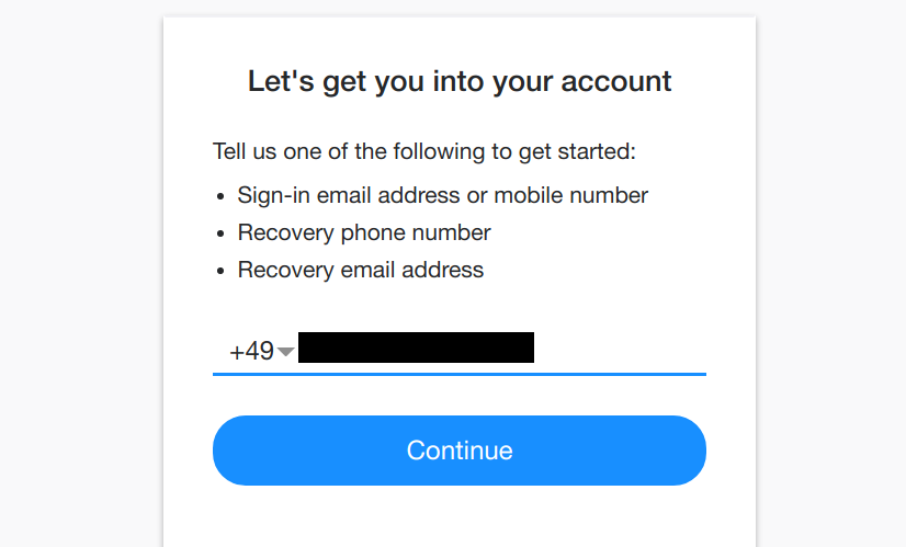 Yahoo! form for account recovery, only asking for a phone number