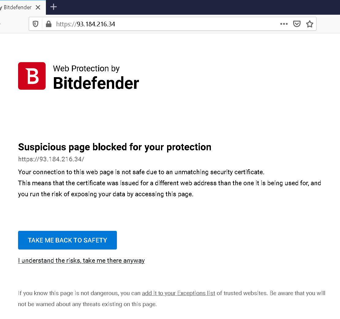 Bitdefender error page displayed due to unmatching security certificate