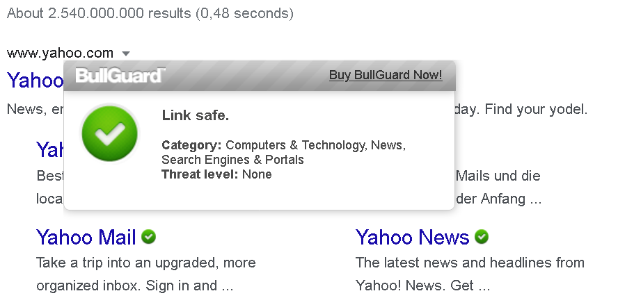 'Link safe' message showing next to Yahoo! link on Google Search