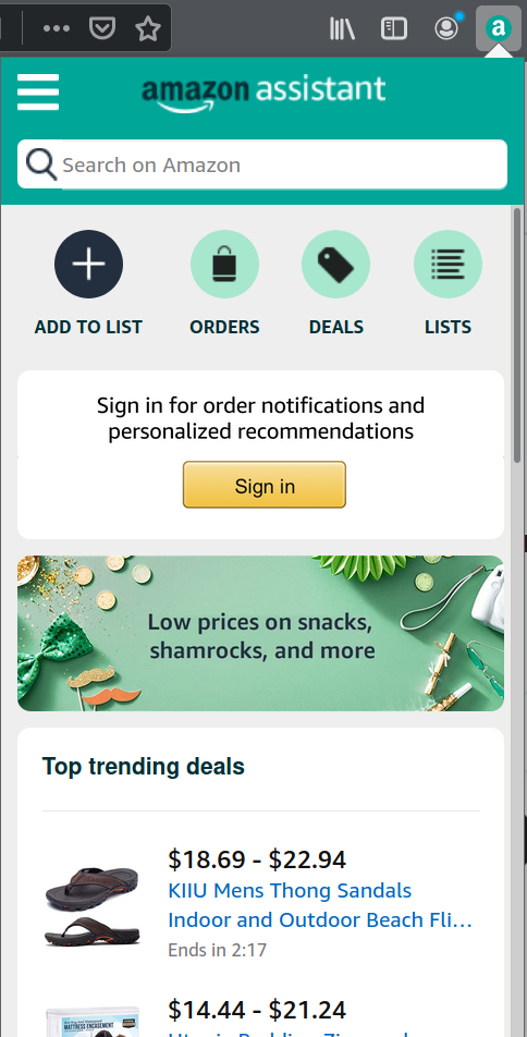Amazon Assistant panel showing up when the icon is clicked, showing add to list, orders and deals as options