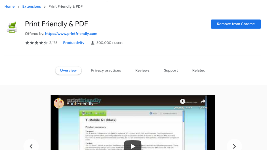 Print Friendly & PDF in Chrome Web Store: 800,000+ users