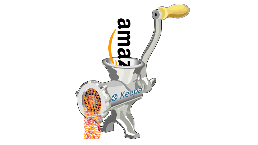 Meat grinder with the Keepa logo on its side is working on the Amazon logo, producing lots of prices and stars