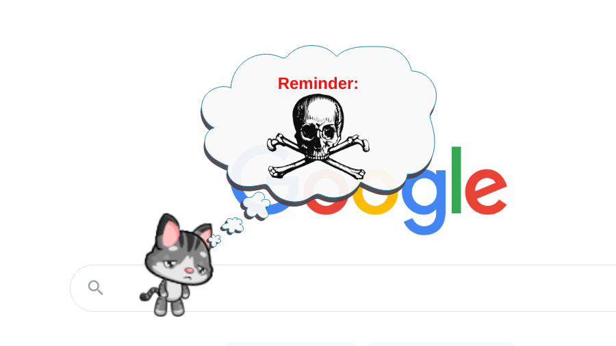 A cat is displayed on the Google website along with a talk bubble. The talk bubble contains red text saying reminder and an image of skull and crossbones.