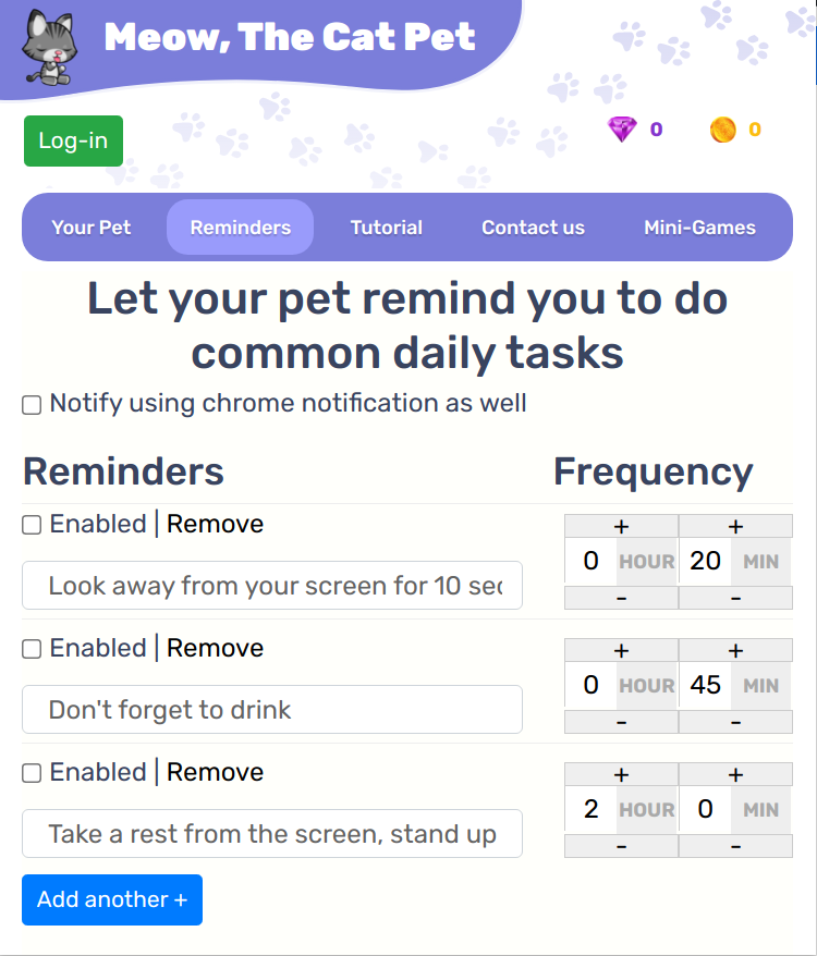 A Reminders tab in the extension’s settings titled: Let your pet remind you to do common daily tasks. Three reminders like not forgetting to drink are preset but not enabled.