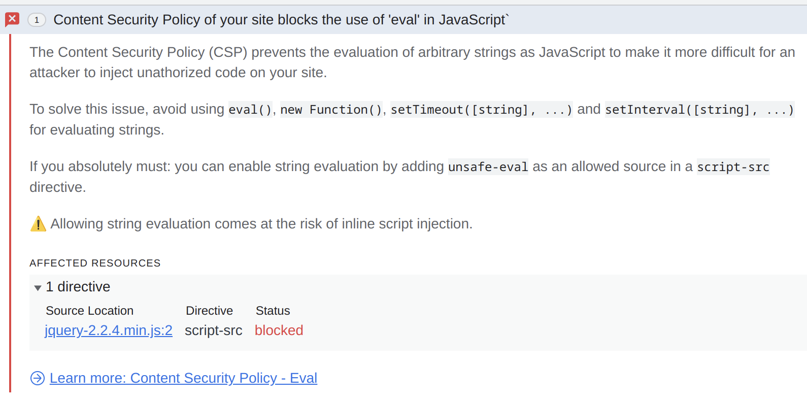 Screenshot with the text “Content Security Policy of your site blocks the use of 'eval' in JavaScript” indicating an issue in jquery-2.2.4.min.js