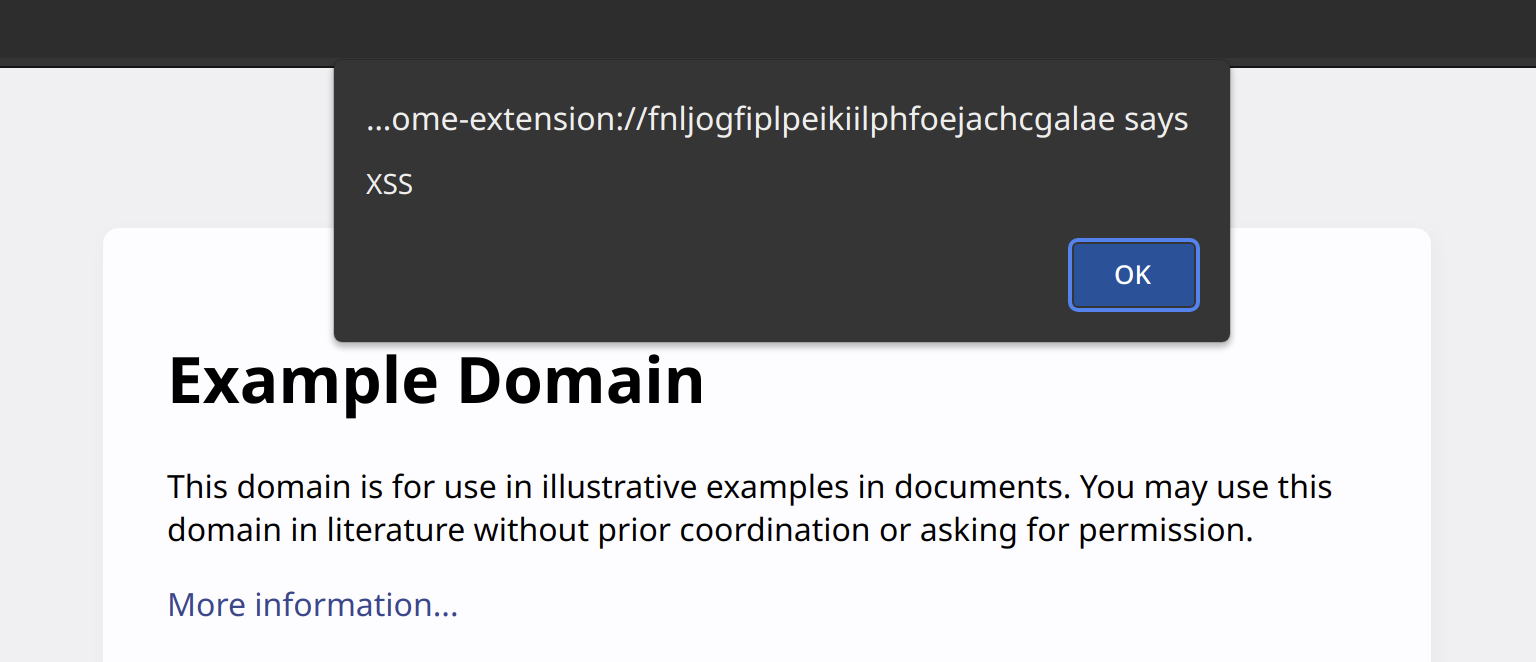 Message showing on the example domain with the text: “chrome-extension://… says: XSS”