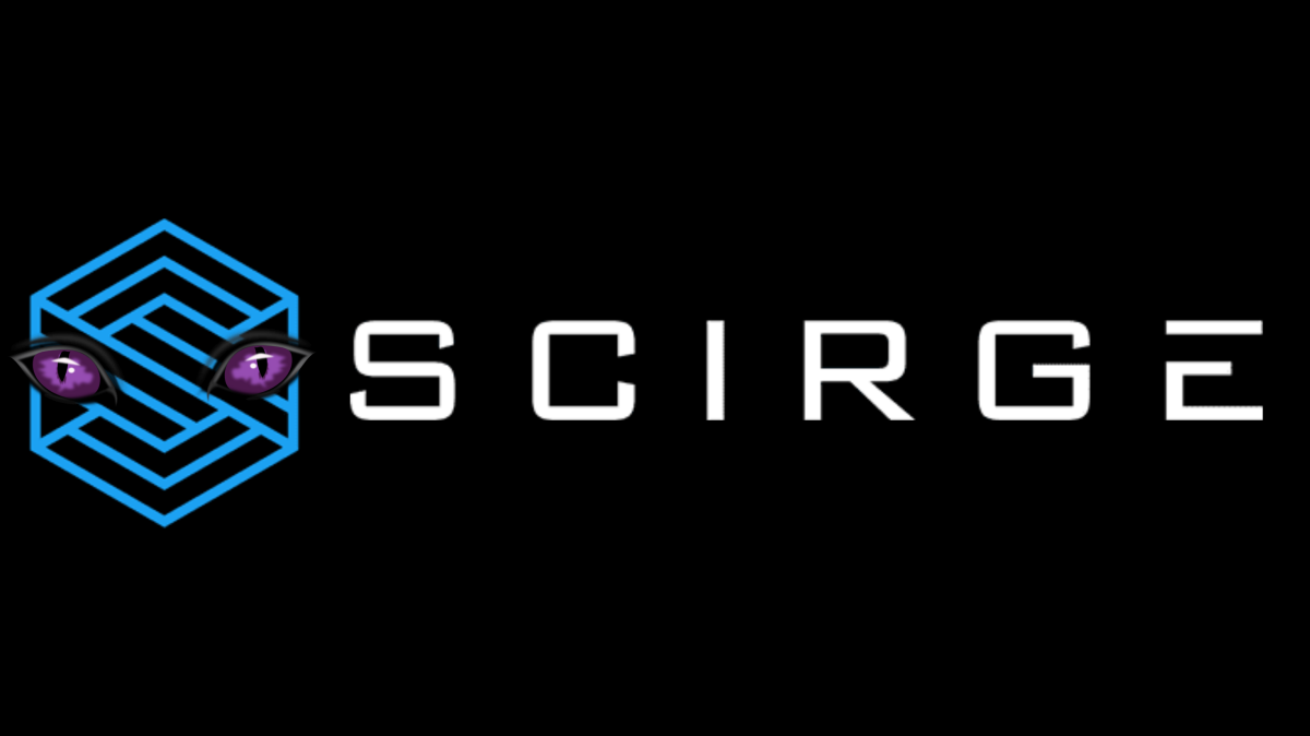 A pair of daemonic eyes on top of the Scirge logo