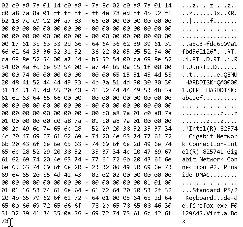 A hex dump with some binary data but also obvious strings like QEMU Harddisk or Gigabit Network Connection