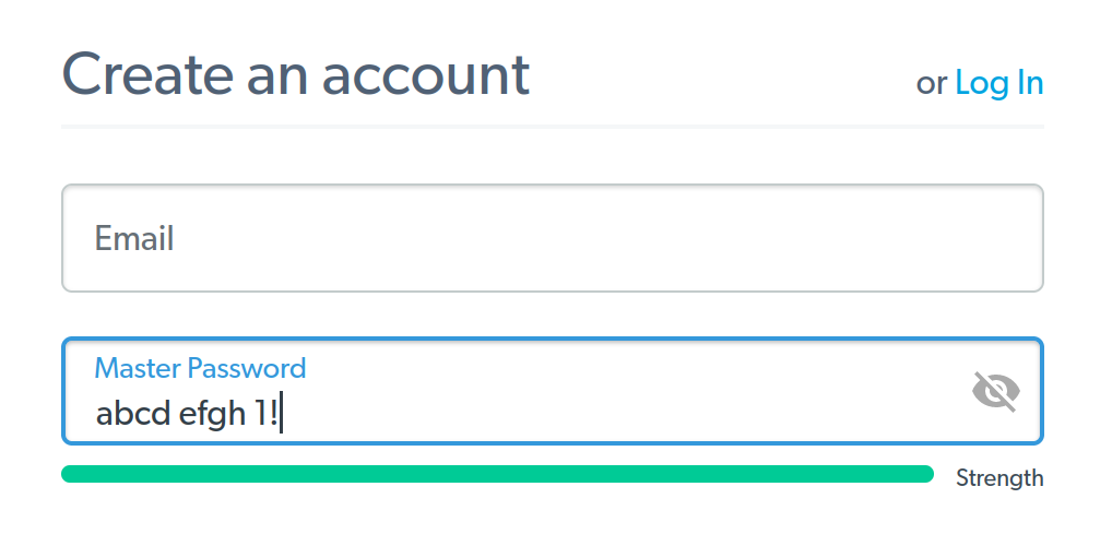 Screenshot of a page titled “Create account.” The entered master password is “abcd efgh 1!” and the strength indicator below it is full.