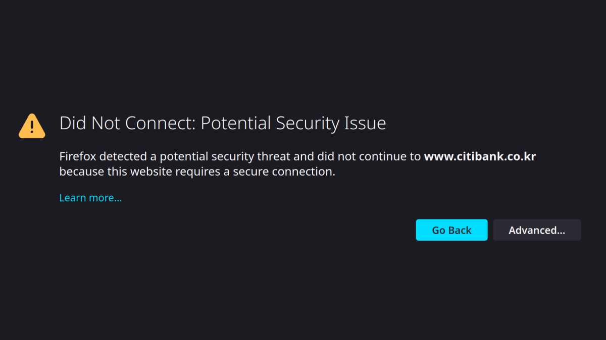Screenshot of an error message: Did Not Connect: Potential Security Issue. Firefox detected a potential security threat and did not continue to www.citibank.co.kr because this website requires a secure connection.