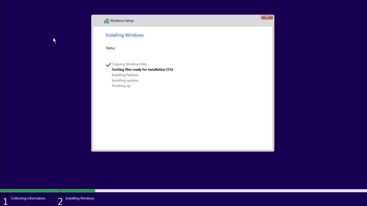Screenshot of Windows Setup installing Windows