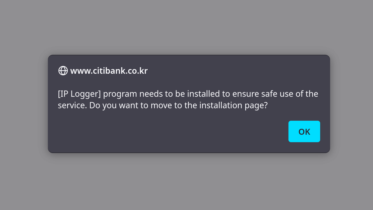 Message on www.citibank.co.kr stating: [IP Logger] program needs to be installed to ensure safe use of the service. Do you want to move to the installation page?
