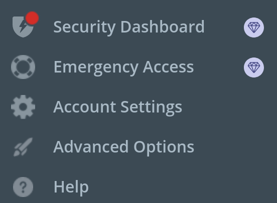 Screenshot of the LastPass menu. Security Dashboard has a red dot on its icon.