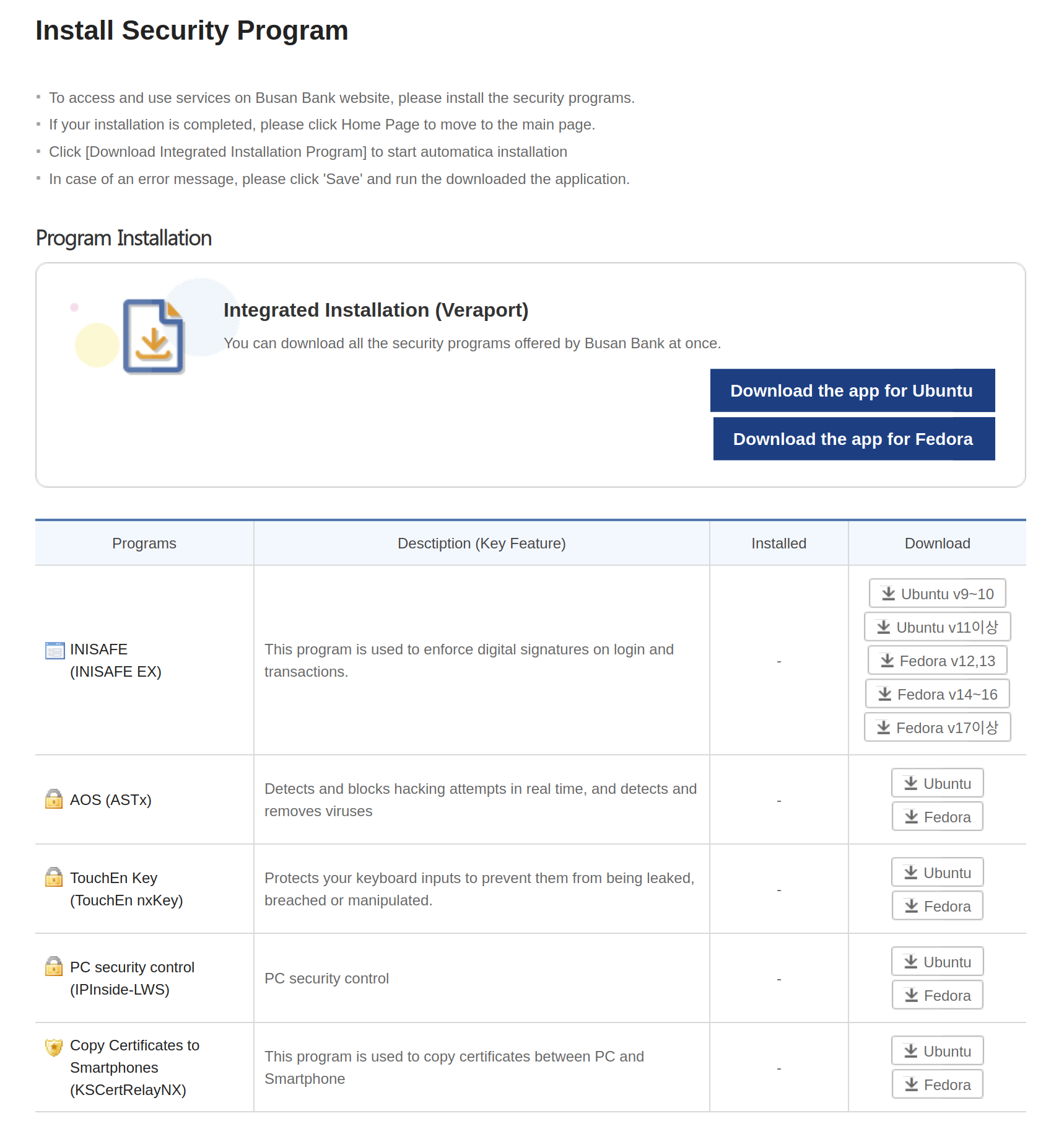 Screenshot of a page titled “Install Security Program.” Below it the text “To access and use services on Busan Bank website, please install the security programs. If your installation is completed, please click Home Page to move to the main page. Click [Download Integrated Installation Program] to start automatica installation. In case of an error message, please click 'Save' and run the downloaded the application.” Below that text the page suggests downloading “Integrated installation (Veraport)” and five individual applications.