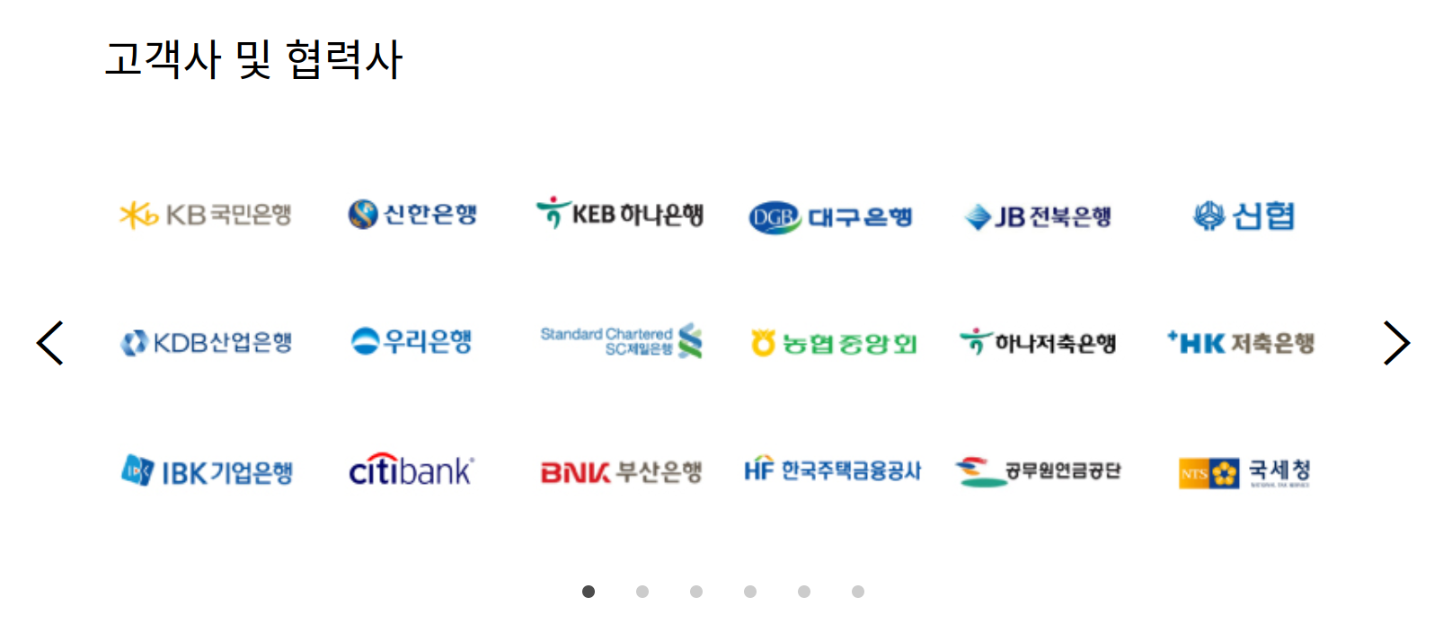 A large list of company logos including Citibank in a section titled “Customers and Partners” in Korean.