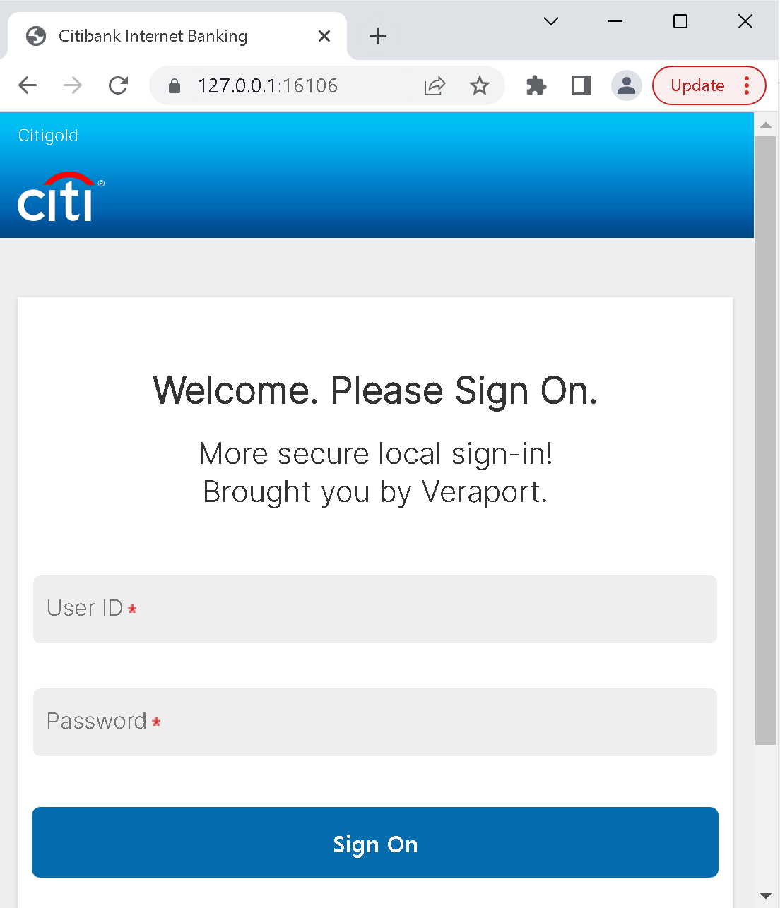 Screenshot of the browser window titled “Citibank Internet Banking” and showing 127.0.0.1:16106 as page address. The page is a login page titled “Welcome. Please Sign On. More secure local sign-in! Brought you by Veraport.”