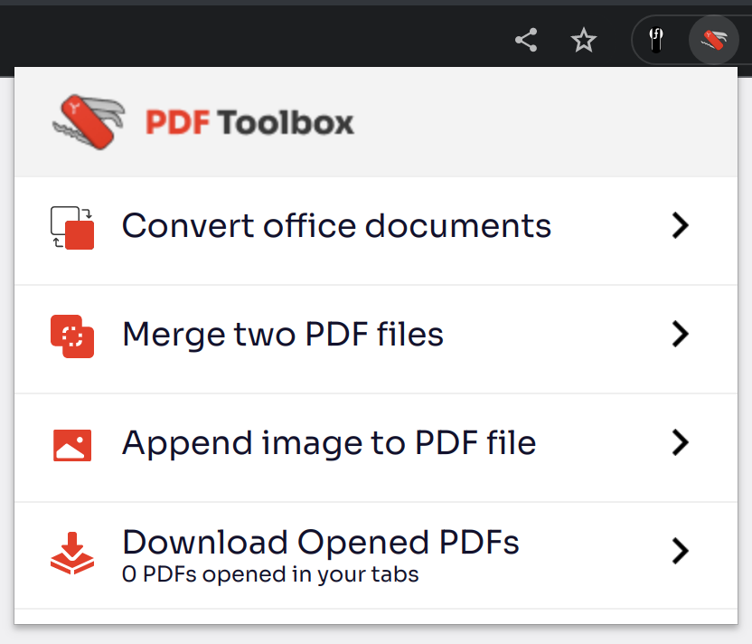 An extension icon showing a Swiss army knife with its pop-up open. The pop-up contains the PDF Toolbox title following by four options: Convert office documents, Merge two PDF files, Append image to PDF file, Download Opened PDFs (0 PDFs opened in your tabs)