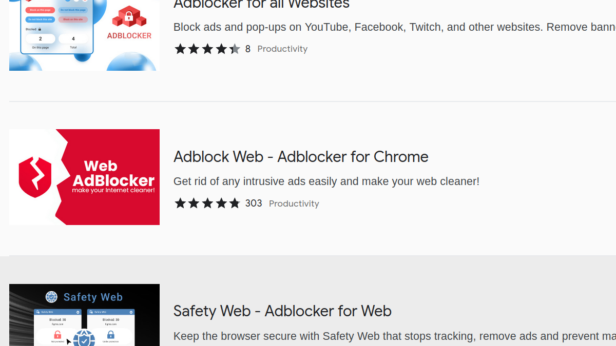Chrome Web Store extension listing, in the middle is the entry titled “Adblock Web - Adblocker for Chrome” with the description text “Get rid of any intrusive ads easily and make your web cleaner!”
