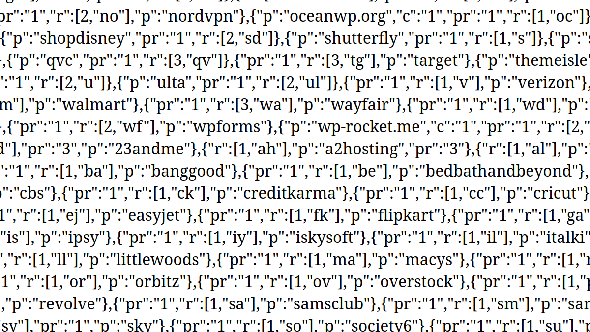 A long list of JSON objects, this time the p key contains strings like wayfair, target, nordvpn, creditcarma.