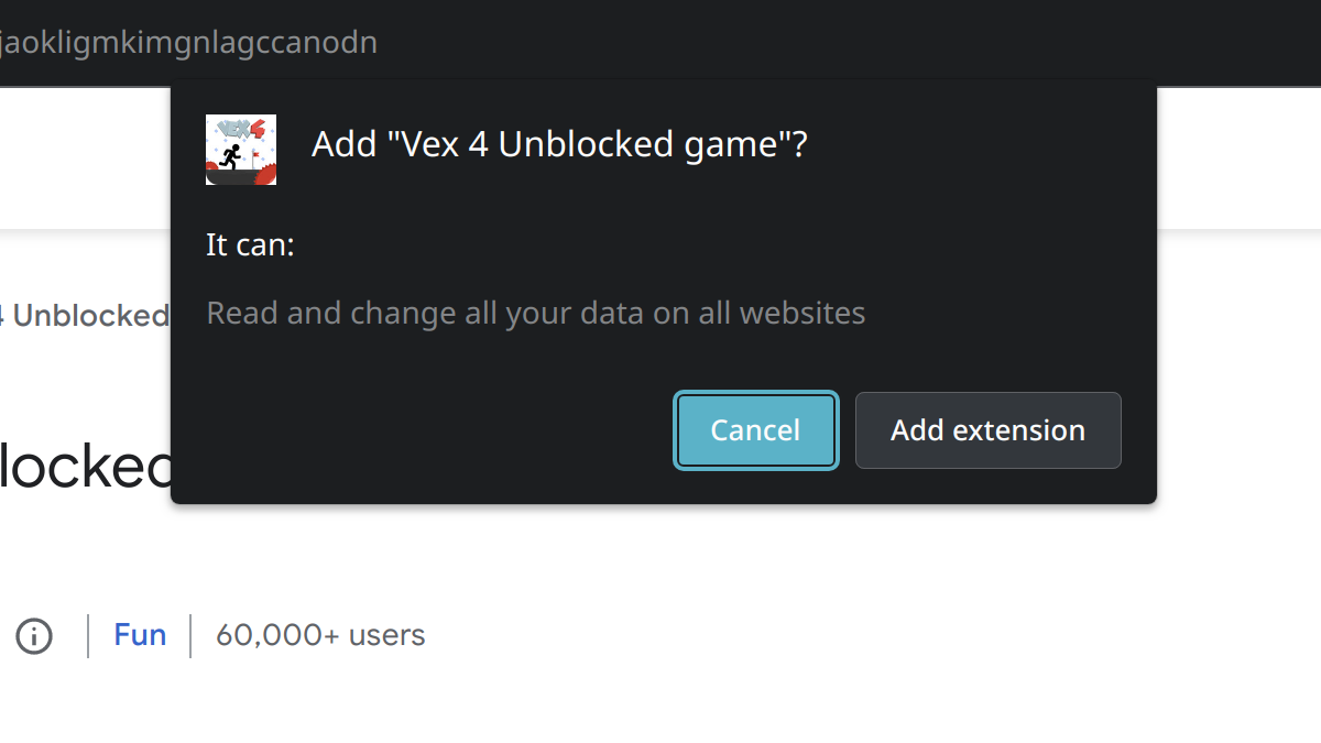 A browser prompt titled: “Add Vex 4 Unblocked game?” The text below: “It can: Read and change all your data on all websites”