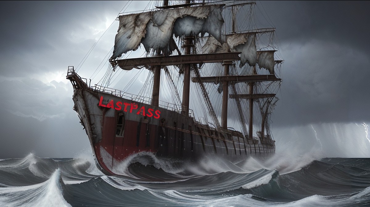 A very battered ship with torn sails in a stormy sea, on its side the ship’s name: LastPass