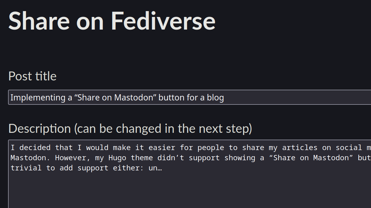 Screenshot of a web page titled “Share on Fediverse”